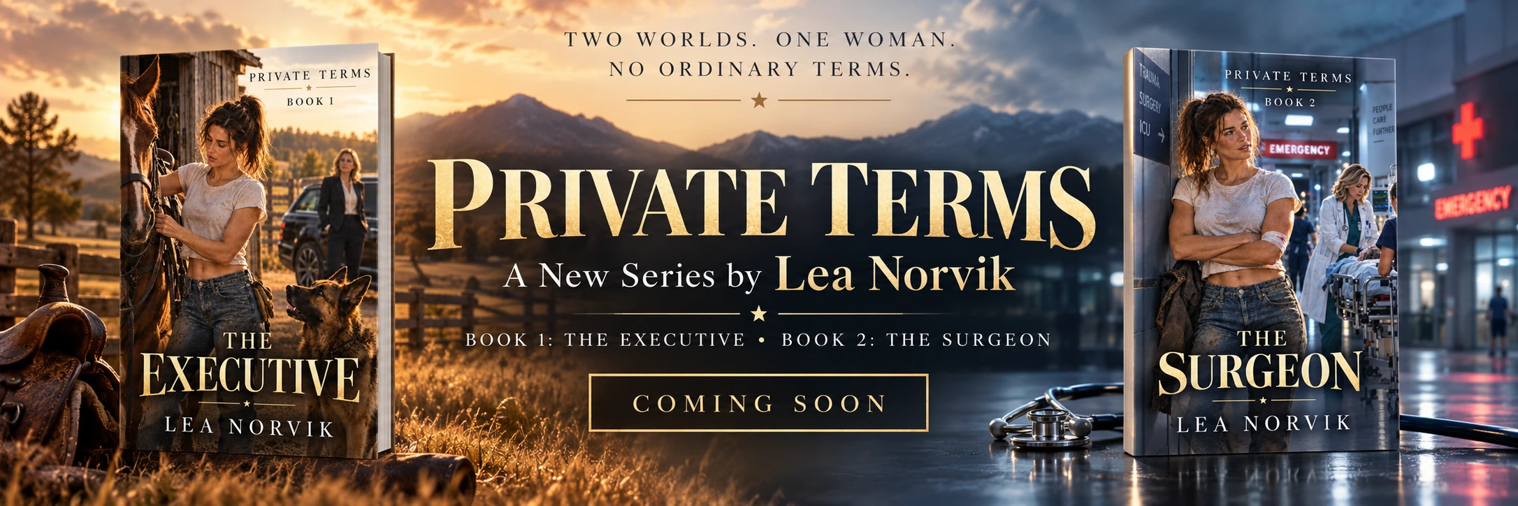 Private Terms — a new series by Lea Norvik. Book 1: The Executive, available now as an eBook and paperback. Book 2: The Surgeon, available now as an eBook and paperback.