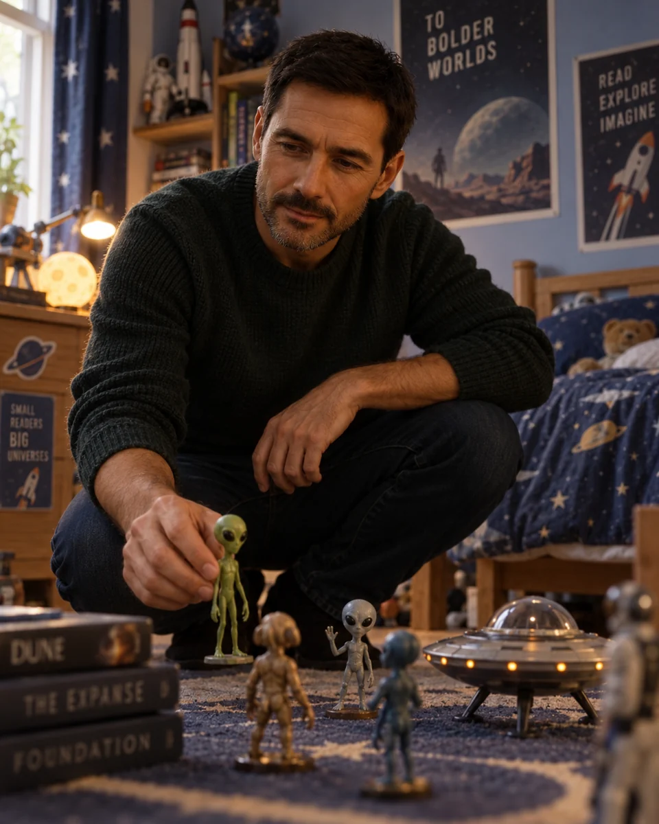 Rowan Straker with alien figures and a toy flying saucer in a room filled with space books.
