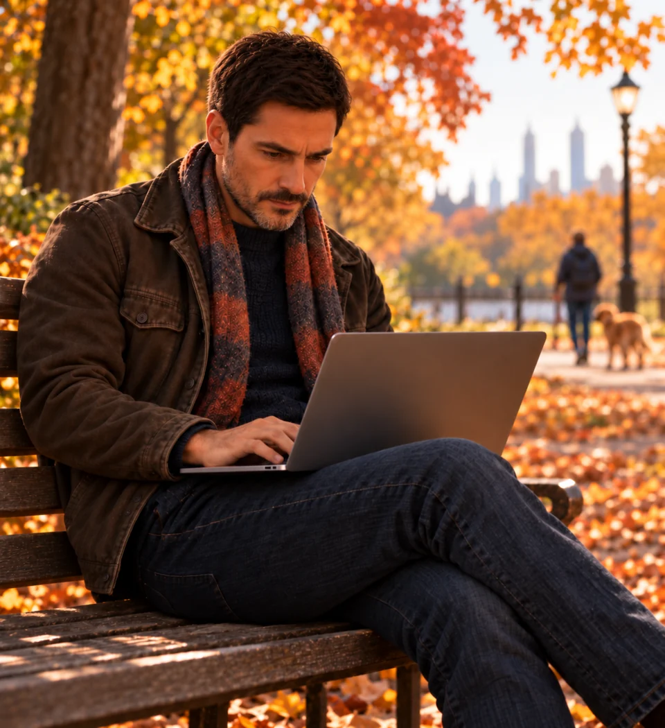 Rowan Straker writing on a laptop on a park bench beneath autumn trees.
